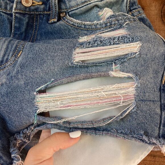 KanCan Pastel/rainbow Thread High Rise Distressed Cotton Frayed Hem Denim Shorts - Picture 5 of 16